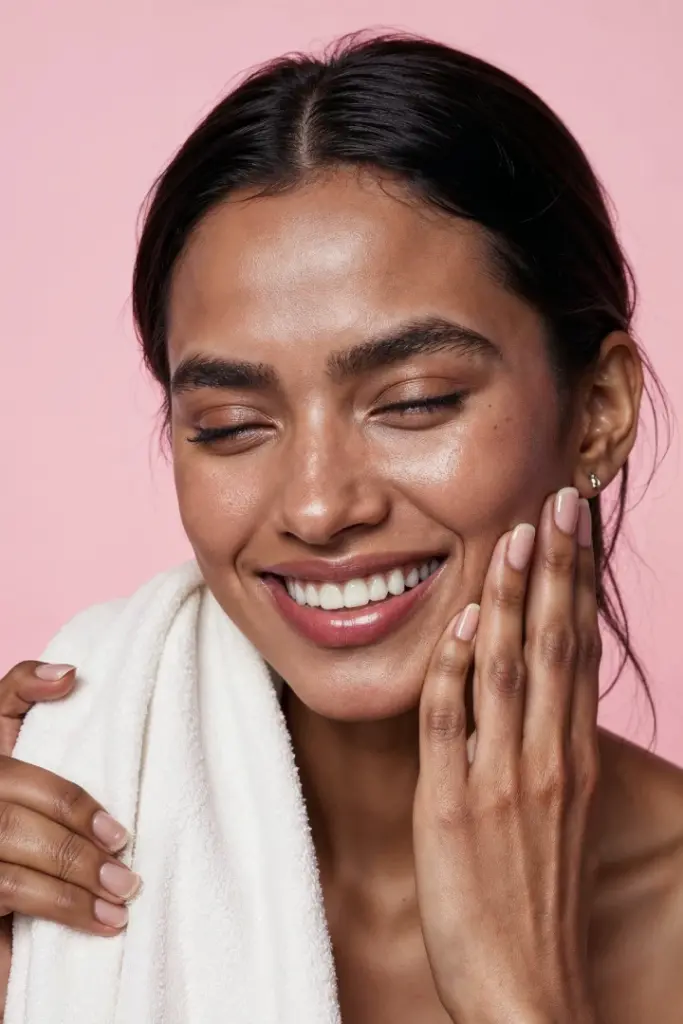 mujer con piel luminosa tras su rutina facial de noche 
